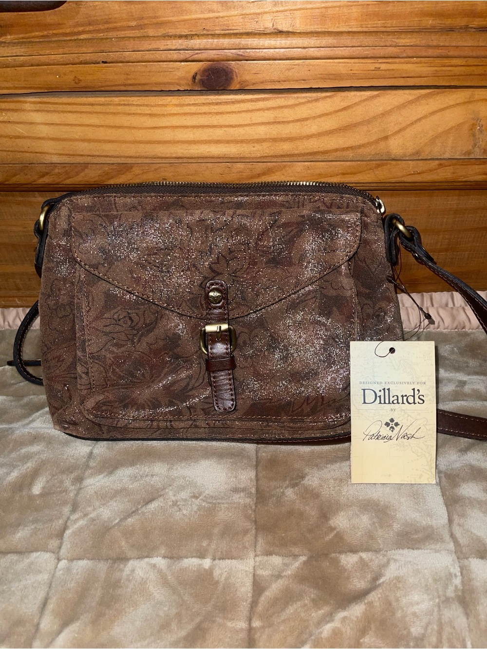 Patricia Nash Brown Floral Embossed Crossbody with Buckle Accent